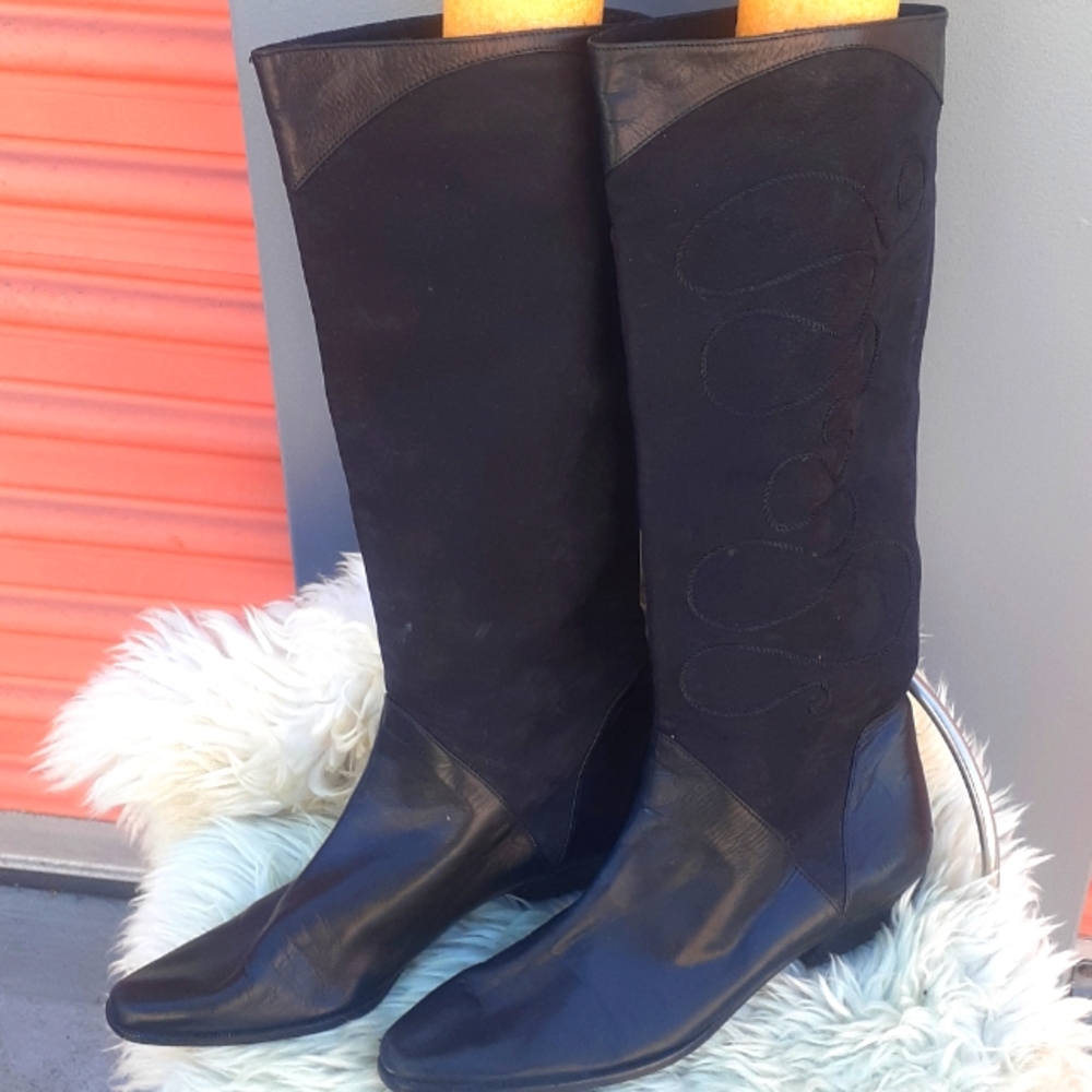 VTG Chantal Knee High Suede Leather Boots Black Size 8 M Italy